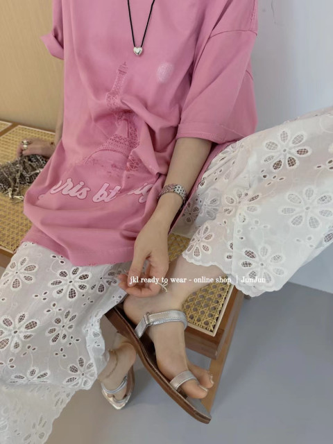 European Station 2025 Summer Design Sensory Letter Iron Tower Pattern Printed Loose Large Pink T -shirts
