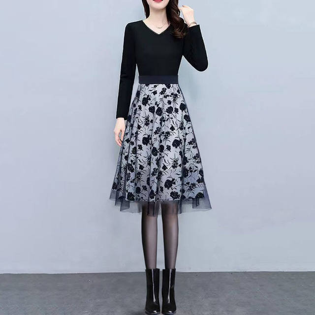 Spring and Autumn versatile skirt for women with high waist slim mesh floral A-line skirt artistic fashion mid-length umbrella skirt