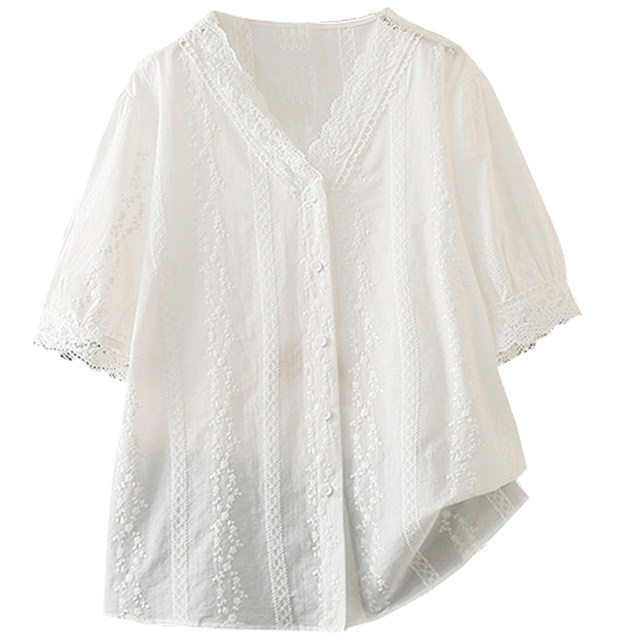 Summer large size 200 Jin [Jin equals 0.5 kg] Lace neck short-sleeved cardigan fat mm lace design white shirt beautiful small shirt