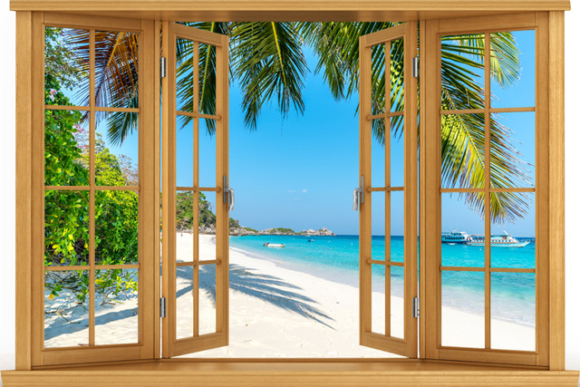 Simulated 3D fake window landscape wall stickers, living room ...