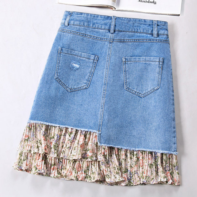 Floral chiffon pleated denim skirt A-line skirt women's high waist zipper short skirt fashionable short skirt