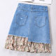 Floral chiffon pleated denim skirt A-line skirt women's high waist zipper short skirt fashionable short skirt