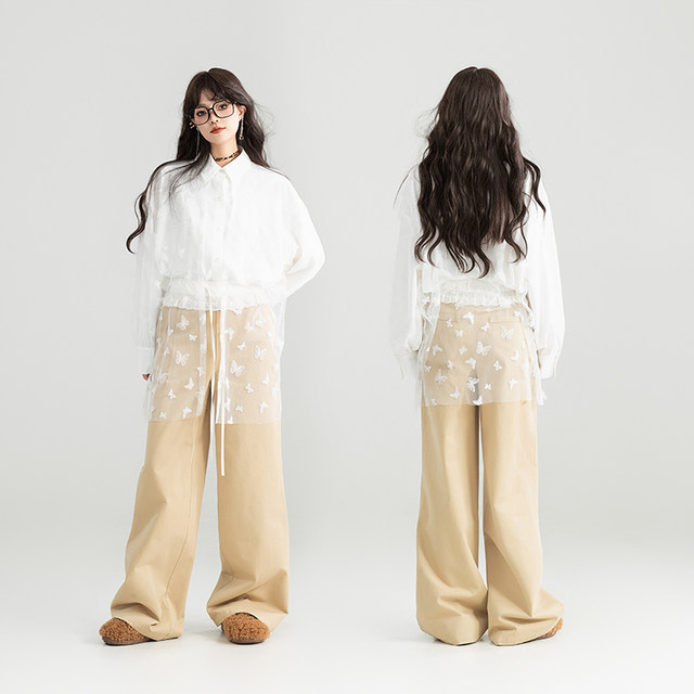 KEIKO [Embroidered Butterfly Yarn] Spliced ​​White Long Sleeve Shirt 25 Spring and Summer French Chic Puff Sleeve Top