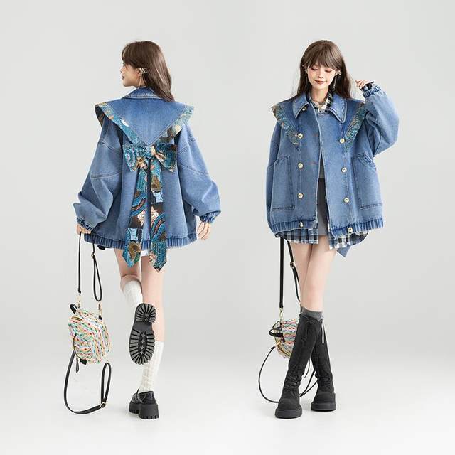 KEIKO Huayang New Chinese Cloud Shoulder Denim Jacket Women's 25 Autumn Bow Ribbon Ribbon Decorated Loose Jacket Top
