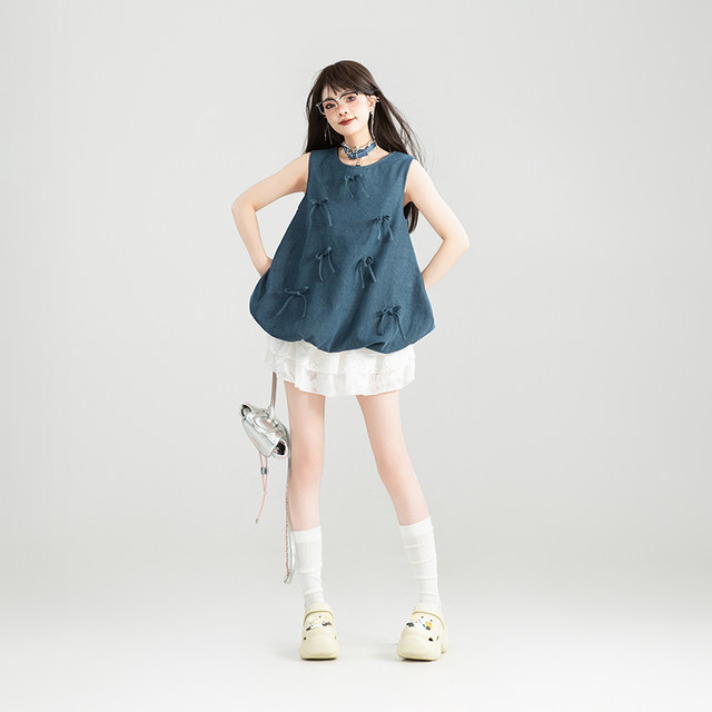 KEIKO Sweet and Salt Flower Bud-shaped Sleeveless Top for Women 25 Summer Bow Lick Flower Light Denim Vest

