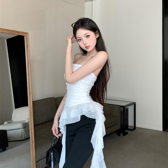 Spring new sexy pure and irregular ruffled ribbon design strapless girl solid color top for women

