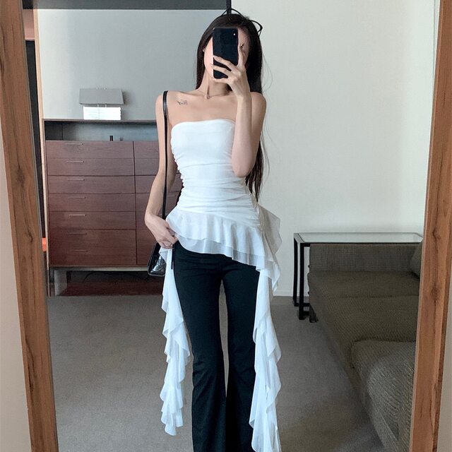 Spring new sexy pure and irregular ruffled ribbon design strapless girl solid color top for women
