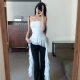 Spring new sexy pure and irregular ruffled ribbon design strapless girl solid color top for women
