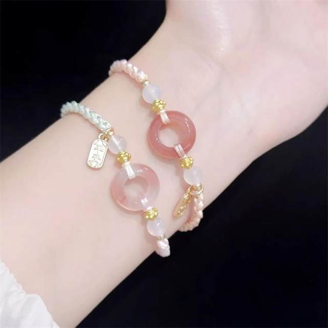 Taozhiyaoyao pink peace buckle bracelet girl heart color matching high appearance peace joyful hand knitted rope hand jewelry