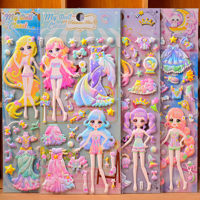 New product creative princess ever-changing dress stickers for children girls toys changing clothes stickers three-dimensional bubble stickers