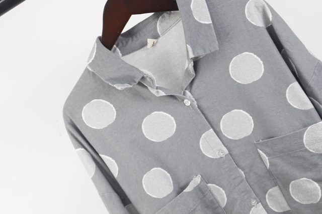 Furted mid-length casual versatile polka dot shirt literary single-breasted polo collar loose shirt