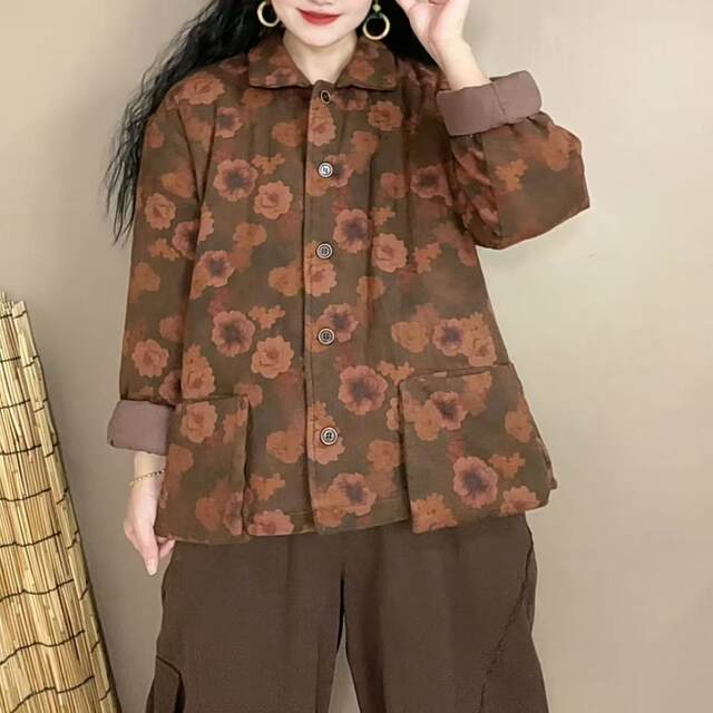 Fried color ethnic style full print plus cotton jacket fashionable casual double pocket warm cotton jacket J22 23#
