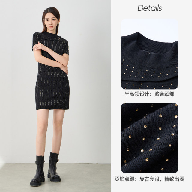 kodice autumn and winter new women's black half-high neck hot diamond hollow knitted dress slim short-sleeved fashion