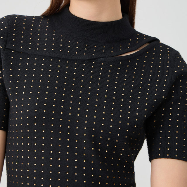 kodice autumn and winter new women's black half-high neck hot diamond hollow knitted dress slim short-sleeved fashion