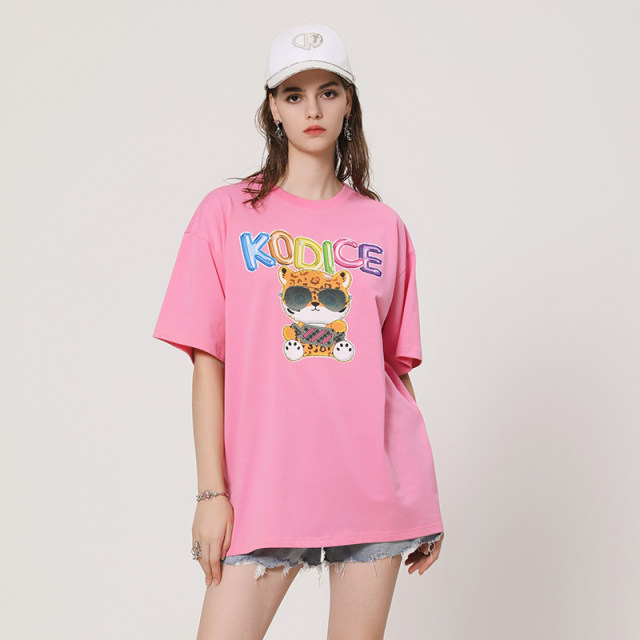 kodice spring and summer new pink cotton round neck T-shirt short-sleeved top cartoon printed loose casual women's clothing