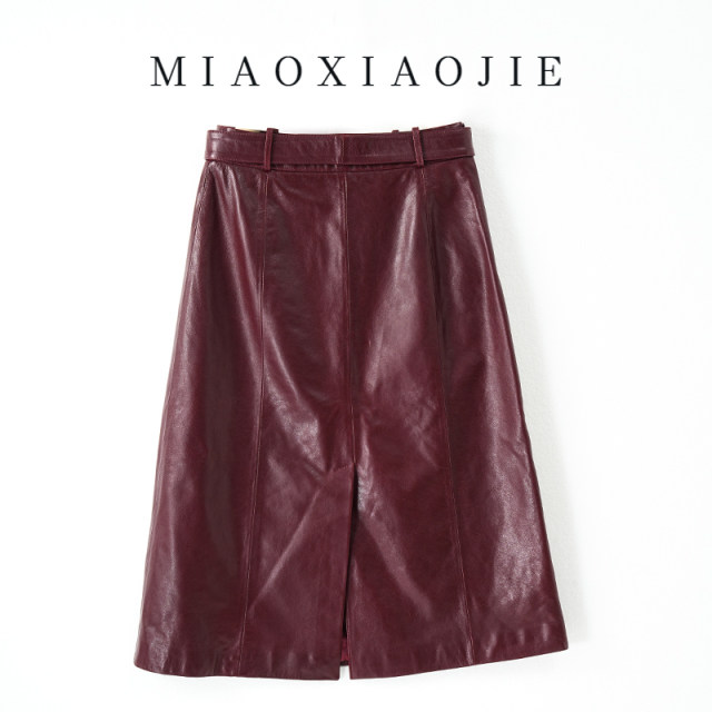 Oil wax leather high-end sheepskin genuine leather skirt long skirt women's slim high waist hip slit one-step skirt retro skirt