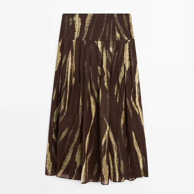 Spanish MD women's new retro abstract print print light and flowing pleated skirt spring and autumn long skirt