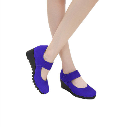 Cabinet Ya's women's shoes, soft and comfortable mom's shoes, wedge heels, genuine leather, soft surface, soft sole leather shoes, frosted Velcro single shoes