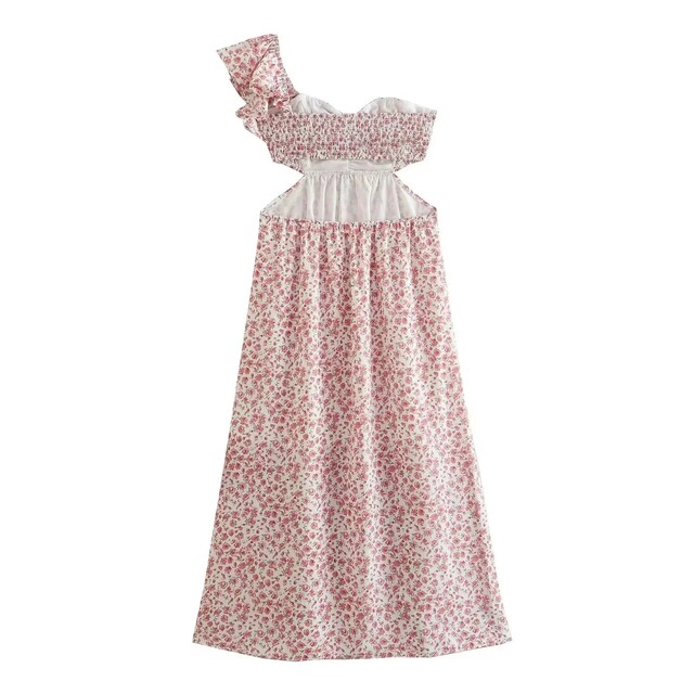 European and American style 2023 Summer new self -slimming, thin fashion versatile French print shoulder open waist dress female female female