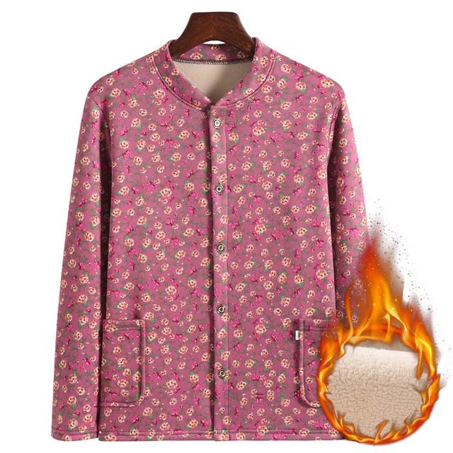 Mom keeps warm underwear female grandma grandma in autumn and winter plus velvet thickened cardigan middle elderly people large size loose floral top