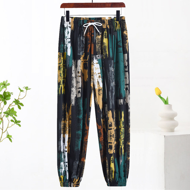 Large size high waist ice silk anti-mosquito pants middle-aged mother summer wear 200Jin [Jin is equal to 0.5kg] leggings bloomers fashionable cool pants in colors