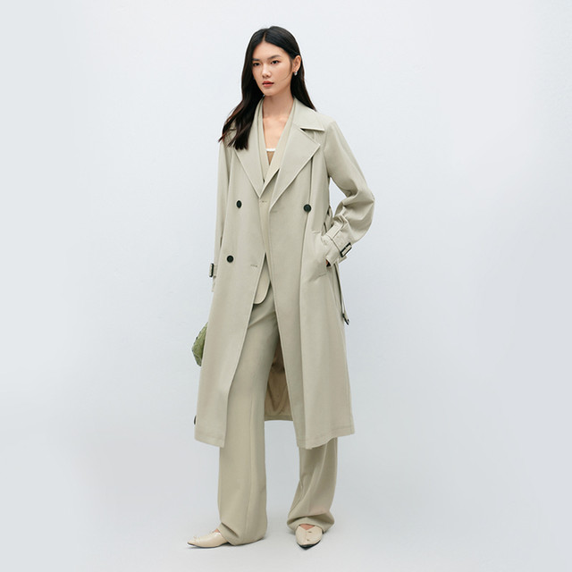 Evely's classic basic versatile aura double-breasted belt waist trouser long windbreaker 2024 autumn jacket