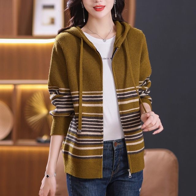 
Korean trendy retro striped contrasting color hooded knitted cardigan long-sleeved spring and autumn 2025 new women's sweater jacket