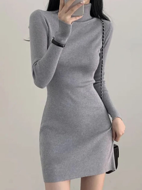 Korean chic autumn French temperament high neck stretch slim fit slim ...