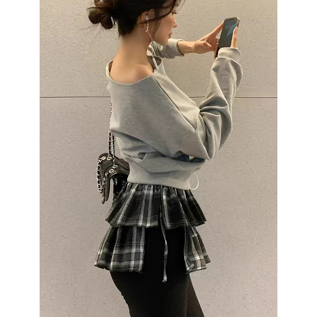 Liangliang's double-layer ruffle plaid skirt for women in spring and summer new retro age-reducing side lace-up layered skirt