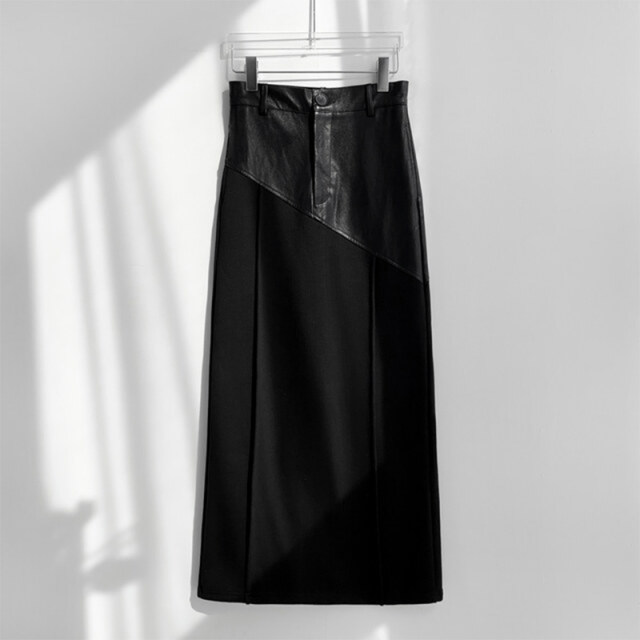 South Korea Chic Winter retro handsome high waist, thin waist, thin waist stitching PU leather straight hip skirt long skirt female