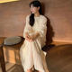 South Korea Chic Autumn Elegant Temperament Round Neck Heavy Industry Hollow Lace Hook Flower Staggering Corporal long -sleeved dress