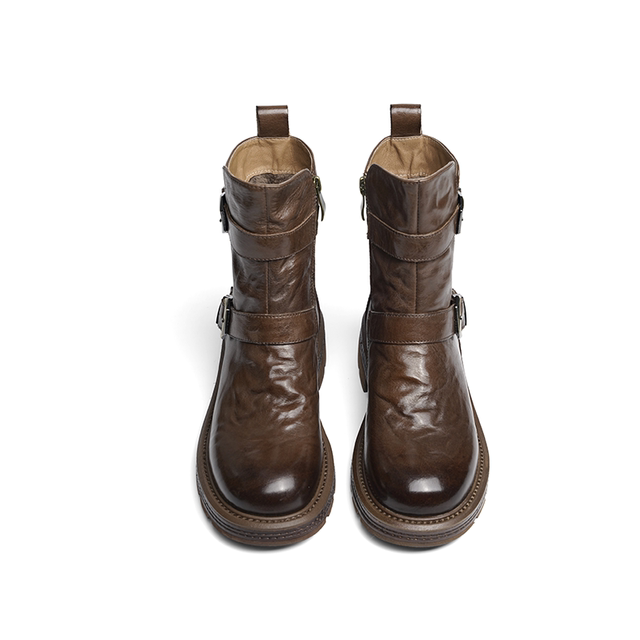 Red Dragonfly Western Boots Winter New Women's Boots Plus Velvet Warm Boots Genuine Leather Maillard Retro Mid-calf Boots for Women