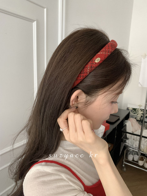 suzyacc kr festive atmosphere red plaid headband for women 2025 new French retro high-end headband