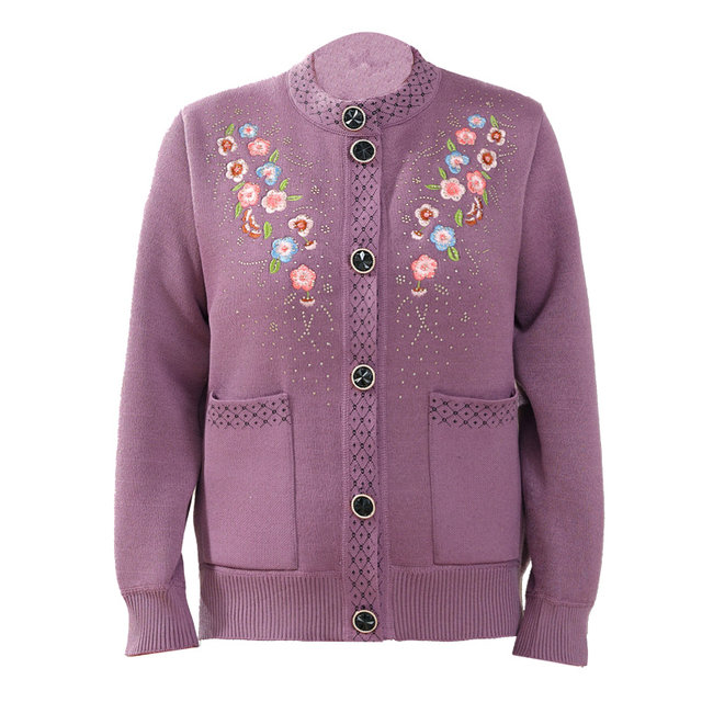 Autumn and winter plus sweater jacket foreign grandmother dress embroidered sweater thickened jacket, middle -aged elderly female mother
