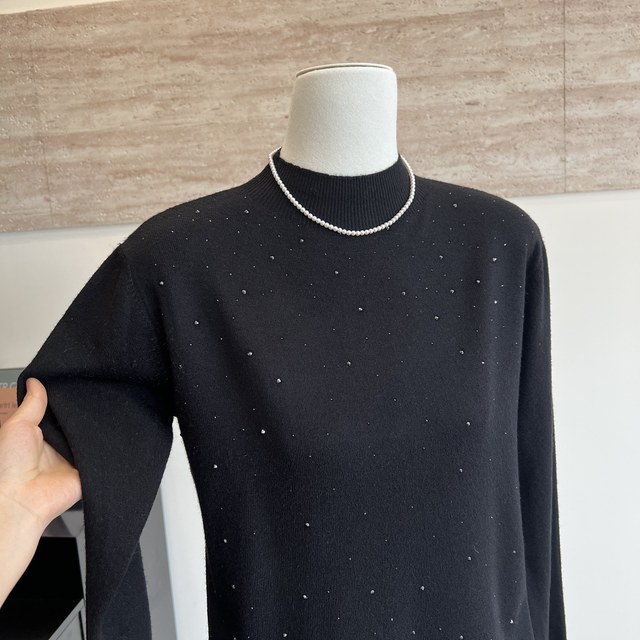 Mom's new style knitted inner top solid color rhinestone base half turtleneck versatile sweater for middle-aged and elderly women