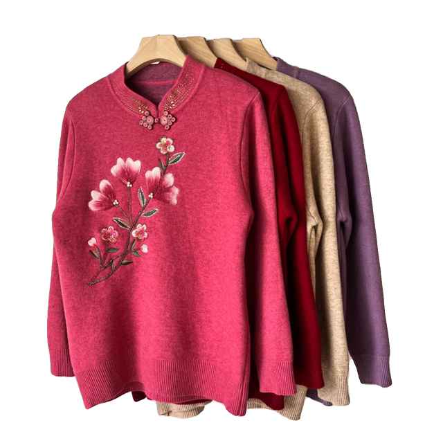 Middle-aged and elderly women's autumn and winter plus velvet and thickened one-piece velvet knitted cheongsam collar tops mother's clothing warm woolen clothes