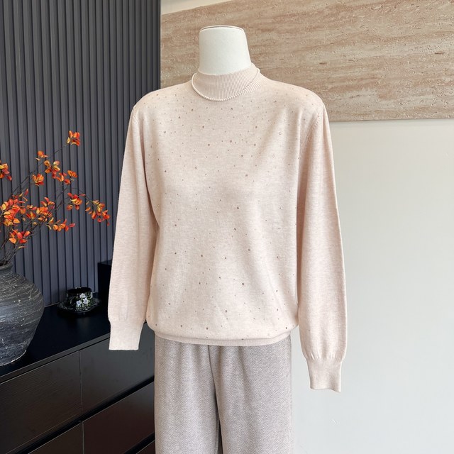 Mom's new style knitted inner top solid color rhinestone base half turtleneck versatile sweater for middle-aged and elderly women