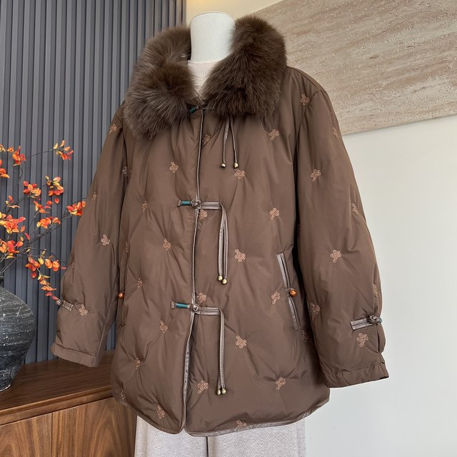 Fashionable Mommy Wear New Mid-Length Fur Collar Down Jacket Winter Cardigan Middle-aged and Old Women Warm 90 White Duck Down Jacket