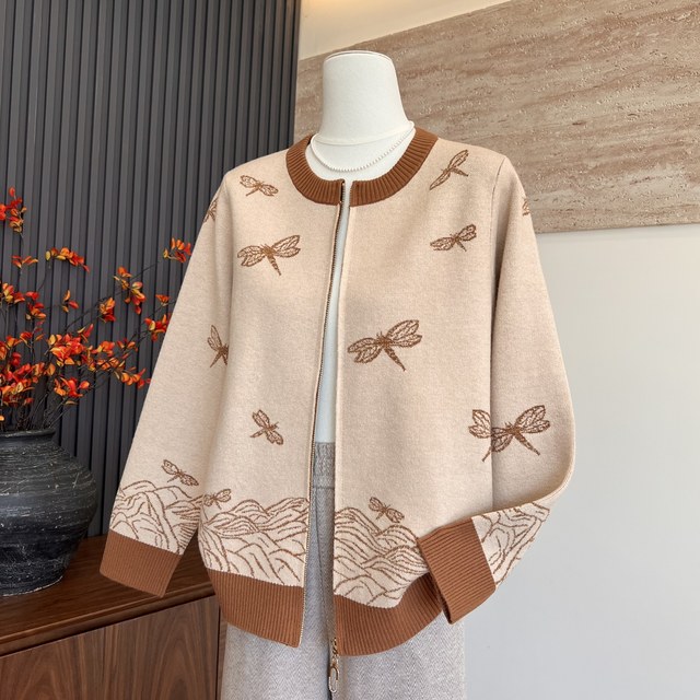 Autumn new mother-fitting sweater top for women zipper long-sleeved cardigan middle-aged and elderly fashionable round neck versatile jacket