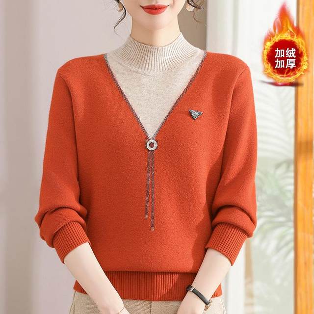 Mom's winter clothes plus fluff sweater new half turtle neck fake two pieces autumn and winter thickened integrated velvet middle-aged and elderly base shirt for women