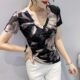 
Tie-dye printed short-sleeved women's summer 2024 new sexy V-neck mesh T-shirt European top fashionable and versatile small shirt