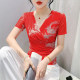 Temperament tie -dyeing T -shirts Female short -sleeved summer new sexy V -neck net gauze crotch
