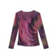 Design sense folds cross V -neck T -shirt women's long -sleeved sexy mesh dyeing printing osmanthus slimming bottom shirt