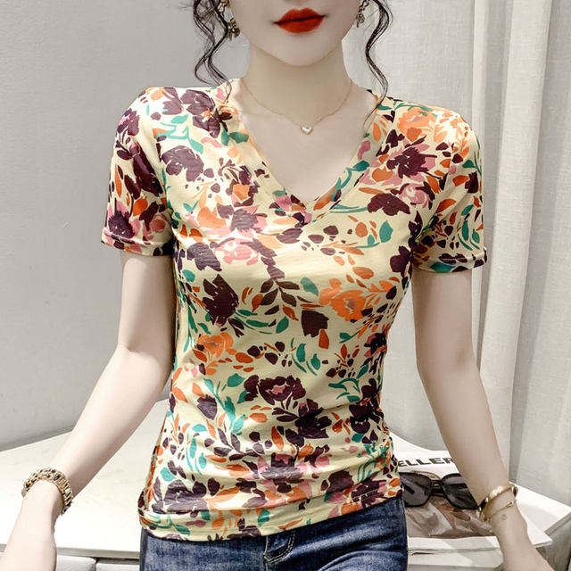 Printed temperament V-neck T-shirt for women's short-sleeved summer European style tie-dye mesh top slim and versatile half-sleeved shirt