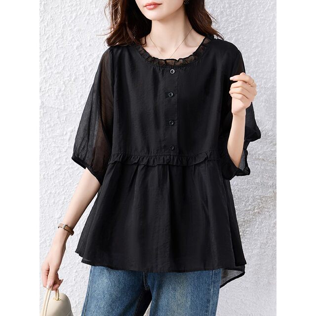 Black short-sleeved shirt for women in 2025 summer new fashion large size loose belly-covering chiffon shirt top
