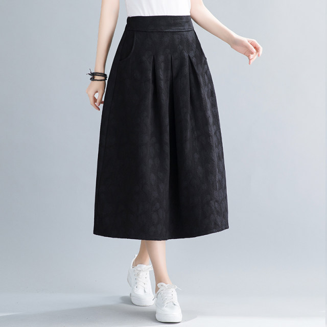Literary retro printed skirt 2022 spring and autumn jacquard cotton linen pleated A-line skirt elastic waist long skirt for women
