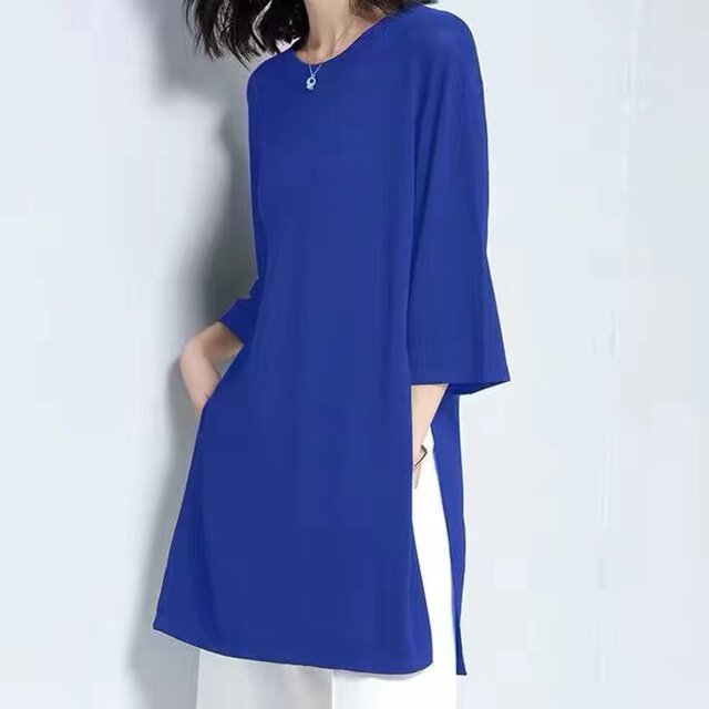Top ladies mid-length loose 7-quarter sleeve T-shirt black celebrity internet celebrity Korean version summer solid color large size female fat mm