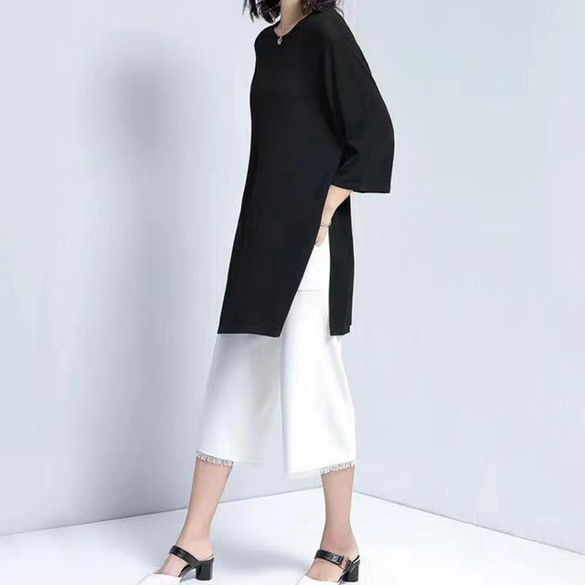 Top ladies mid-length loose 7-quarter sleeve T-shirt black celebrity internet celebrity Korean version summer solid color large size female fat mm