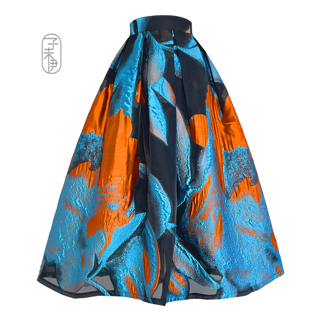 Ziweiyi Orange and blue retro Organya high-end spring and summer new style printed half-body umbrella skirt to make you look thin