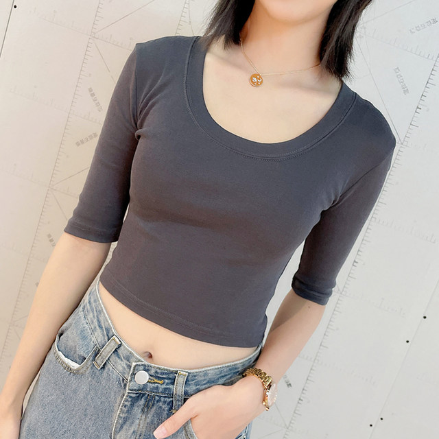 versatile big round neck U-neck base shirt for women Korean style short slim mid-sleeved black gray high-waisted T-shirt top